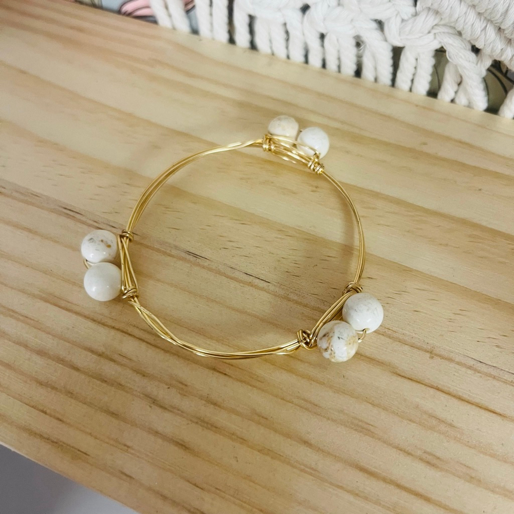 Gold Tone Beaded Bangle Bracelet | White Stone Wire Wrap| Stackable Boho - Picture 4 of 7